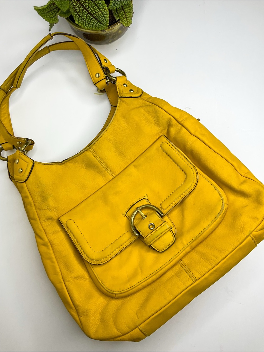 VINTAGE RARE Coach Women's Yellow Leather Shoulder Bag with Front Buckle Pocket